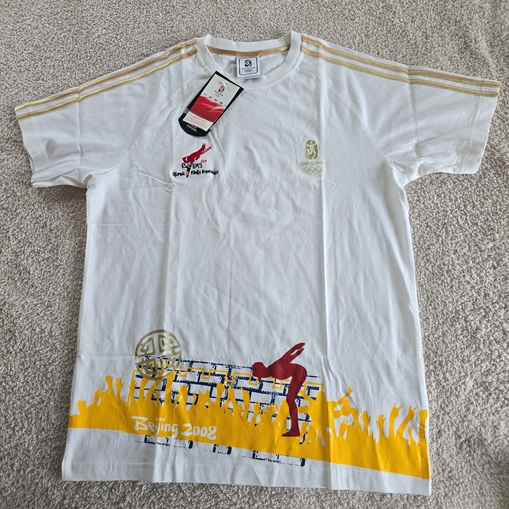 Adidas Beijing 2008 Olympics Graphic Design T-shirt White Gold 3 Stripe Sz L NWT